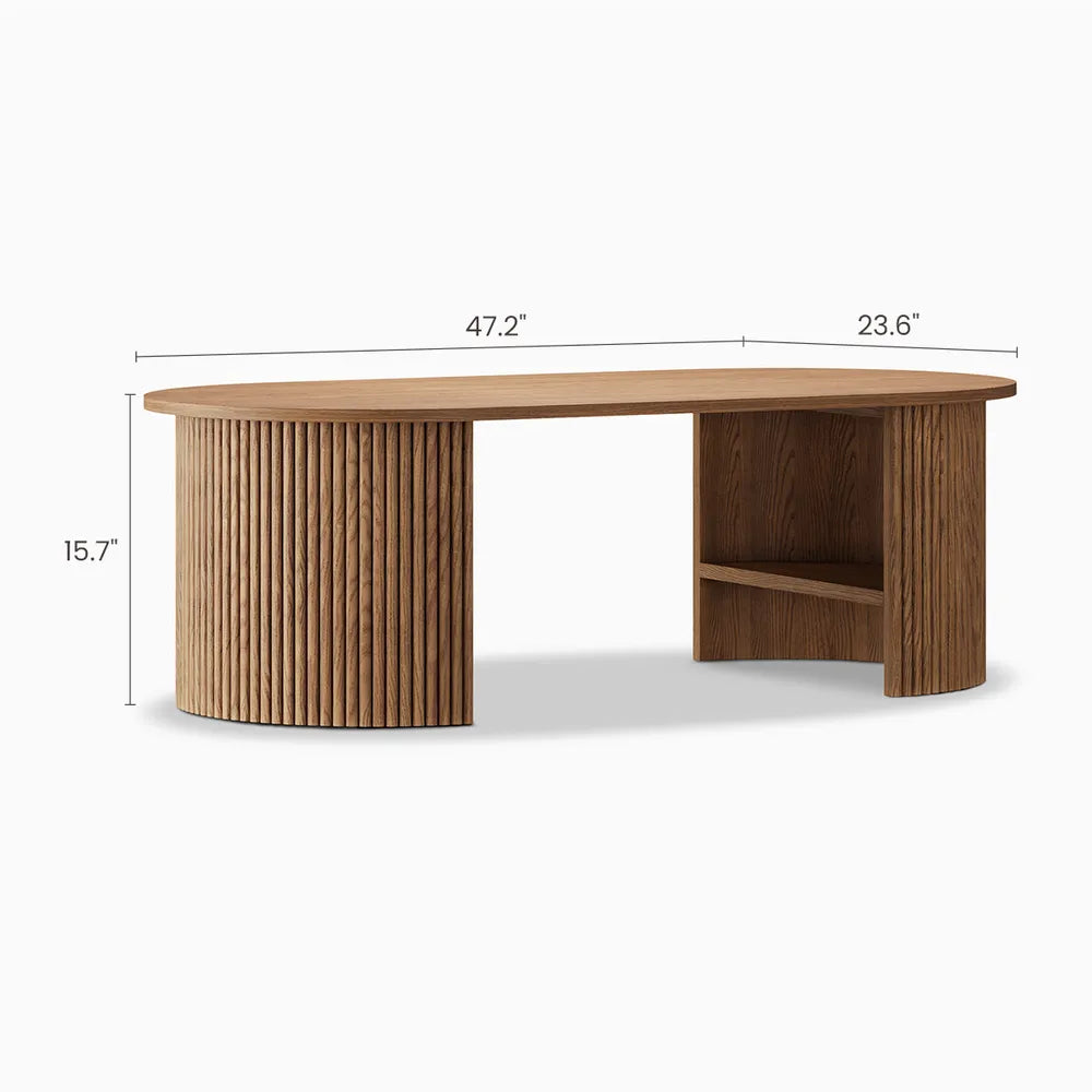 Wood Coffee Table with fluted legs, shown with dimensions: 47.2 inches wide, 23.6 inches deep, and 15.7 inches high. 