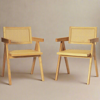 Rattan Dining Chairs – Set of 2, Solid Wood & Natural Stain