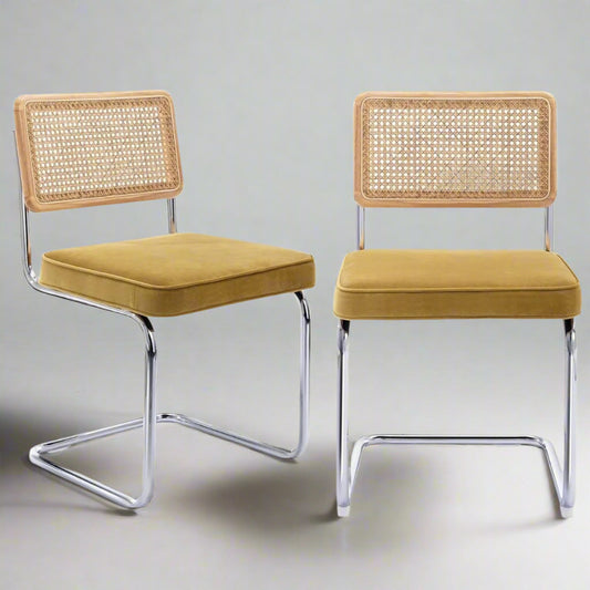 Rattan Dining Chairs – Set of 2, Yellow Velvet