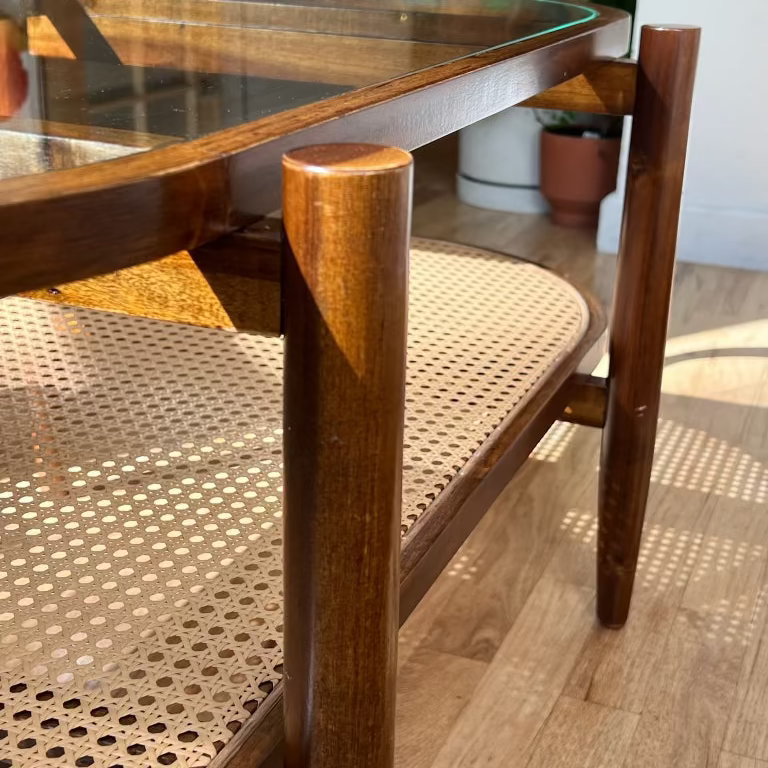 Mid-Century Rattan & Glass Coffee Table Oval Two-Tier Design