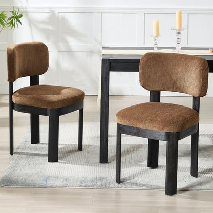 Solid Wood Dining Chairs Mid Century Modern Brown Upholstery Set of 2