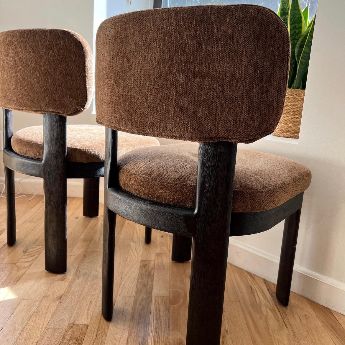 Solid Wood Dining Chairs Mid Century Modern Brown Upholstery Set of 2