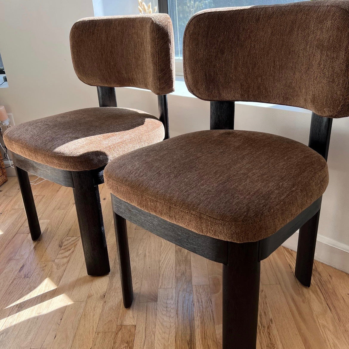 Solid Wood Dining Chairs Mid Century Modern Brown Upholstery Set of 2
