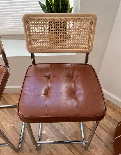Rattan Counter Stools Set of 3 – Stainless Steel Legs & Brown Vegan Leather
