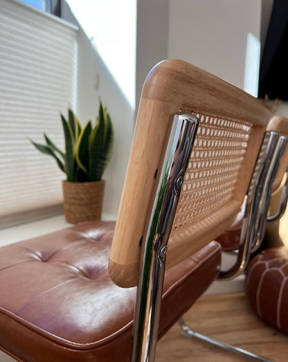 Rattan Counter Stools Set of 3 – Stainless Steel Legs & Brown Vegan Leather