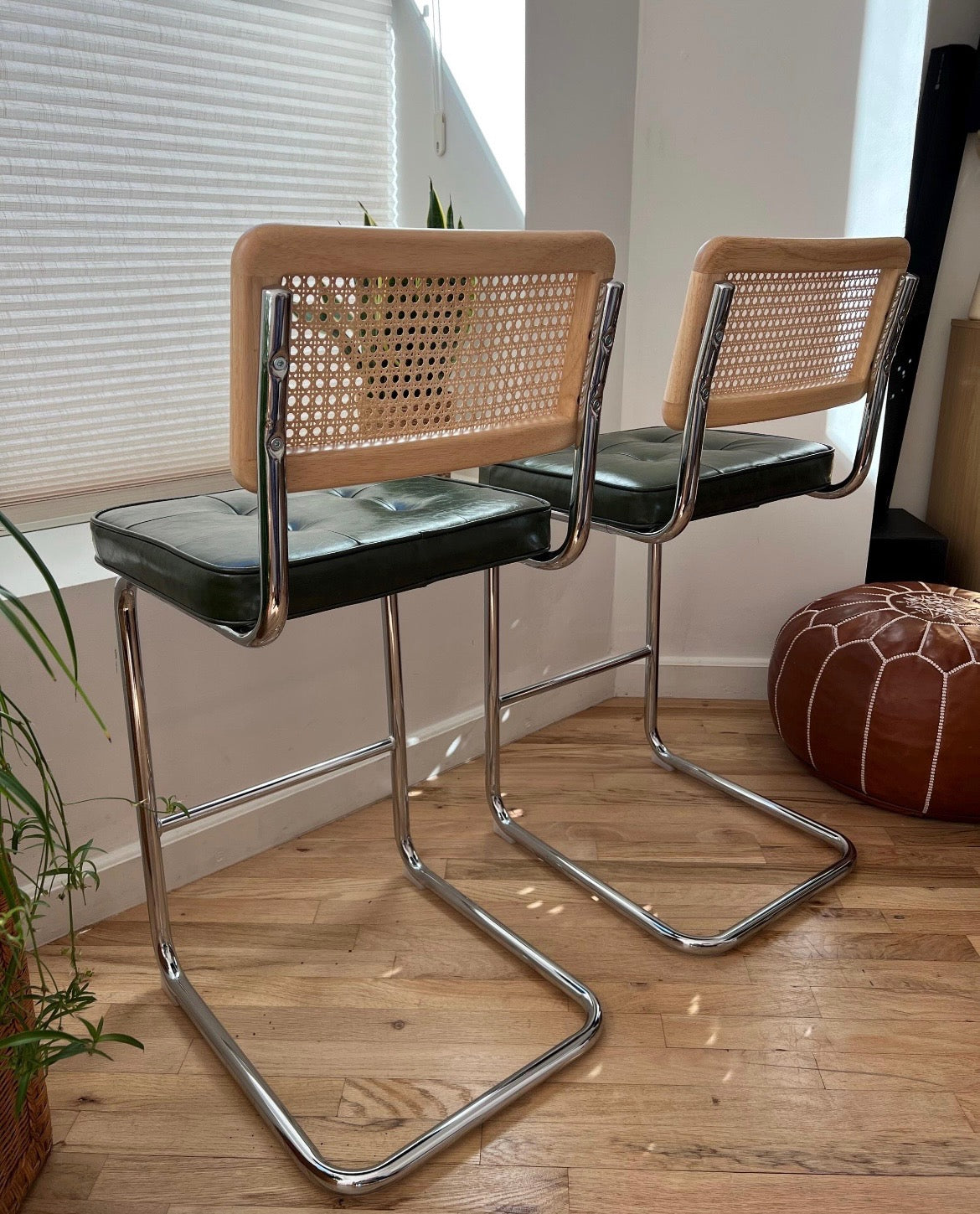 Rattan Counter Stools Set of 3 – Stainless Steel Legs & Green Vegan Leather