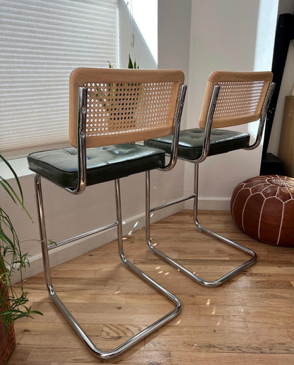 Rattan Counter Stools Set of 3 – Stainless Steel Legs & Green Vegan Leather