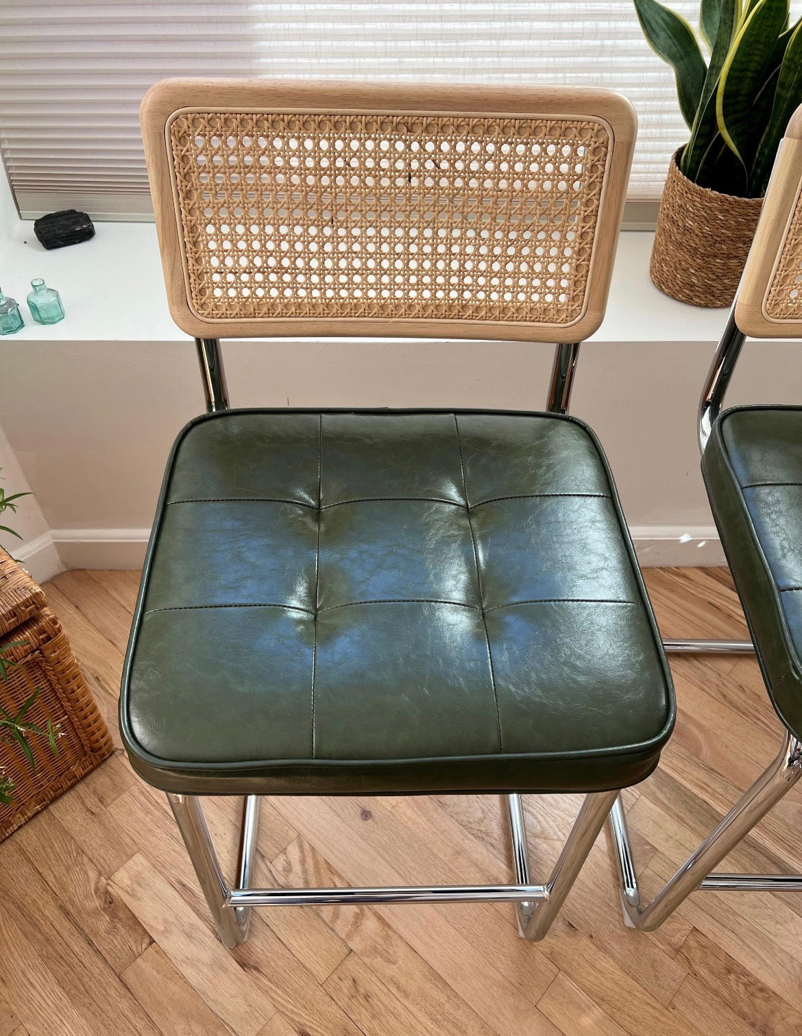 Rattan Counter Stools Set of 3 – Stainless Steel Legs & Green Vegan Leather