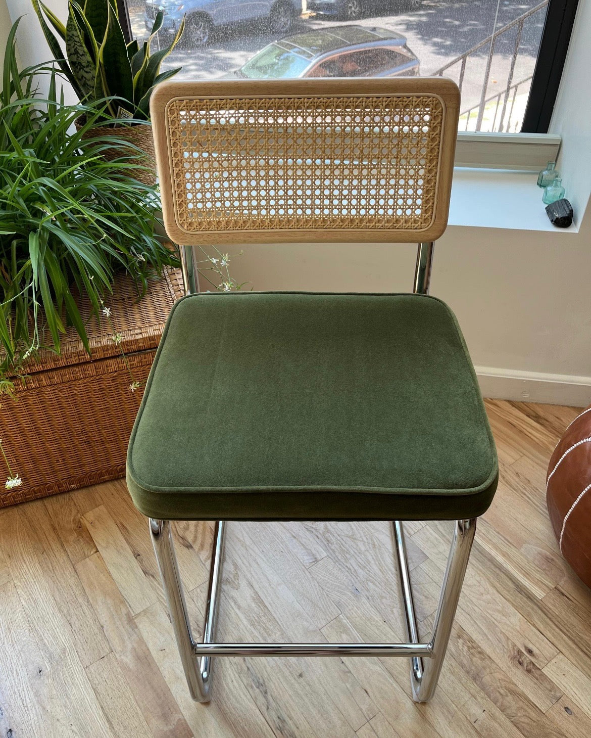 Rattan Counter Stools Set of 3 – Stainless Steel Legs & Green Velvet