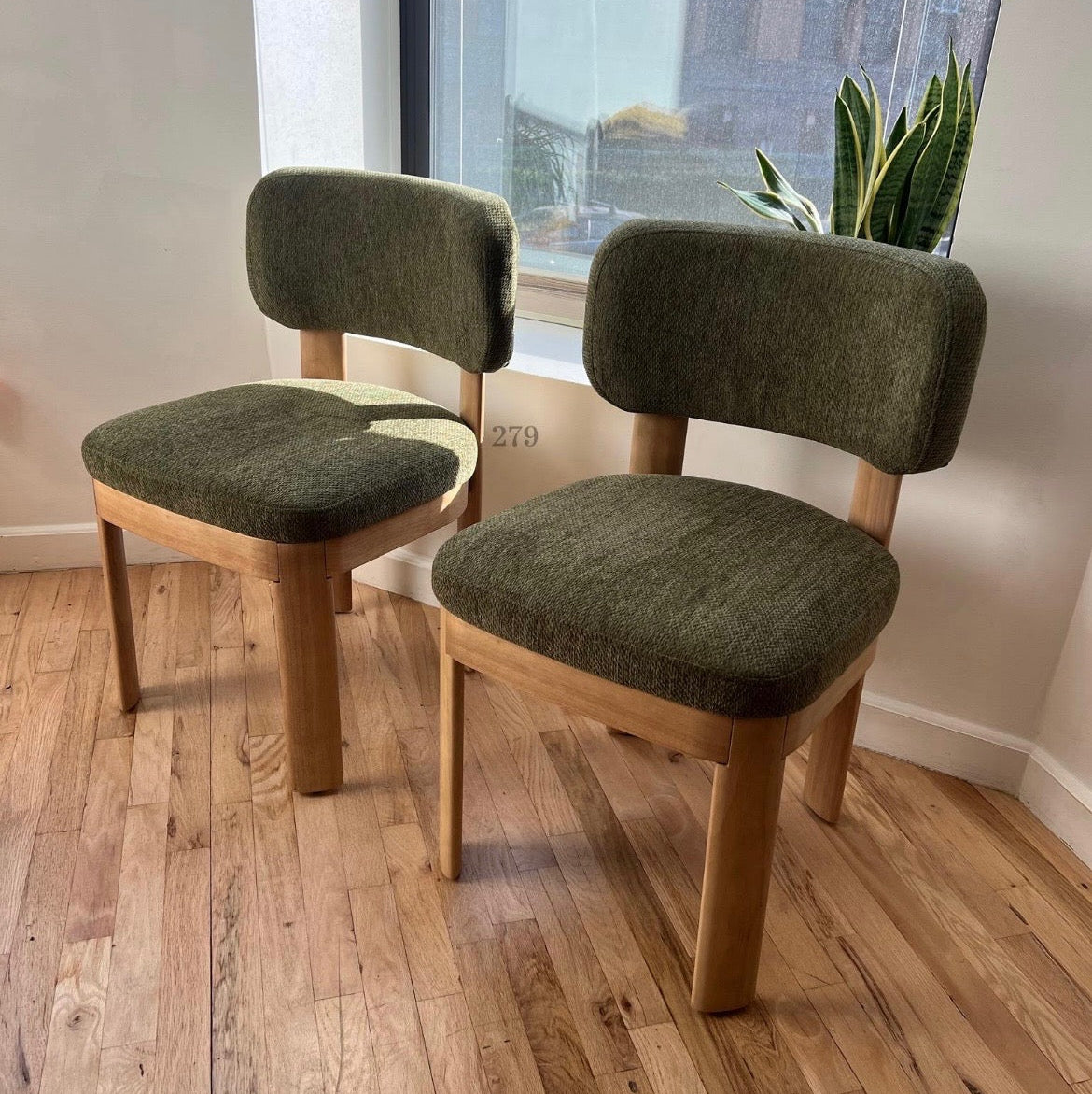 Solid Wood Green Upholstered Dining Chairs - Mid Century Modern Set of 2
