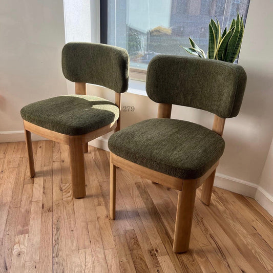 Solid Wood Green Upholstered Dining Chairs - Mid Century Modern Set of 2