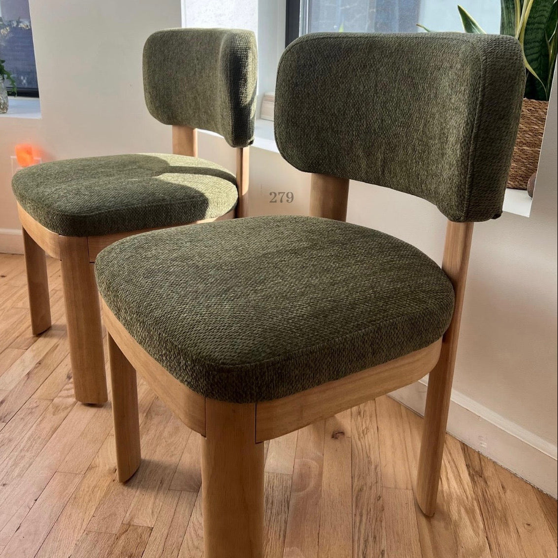 Solid Wood Green Upholstered Dining Chairs - Mid Century Modern Set of 2