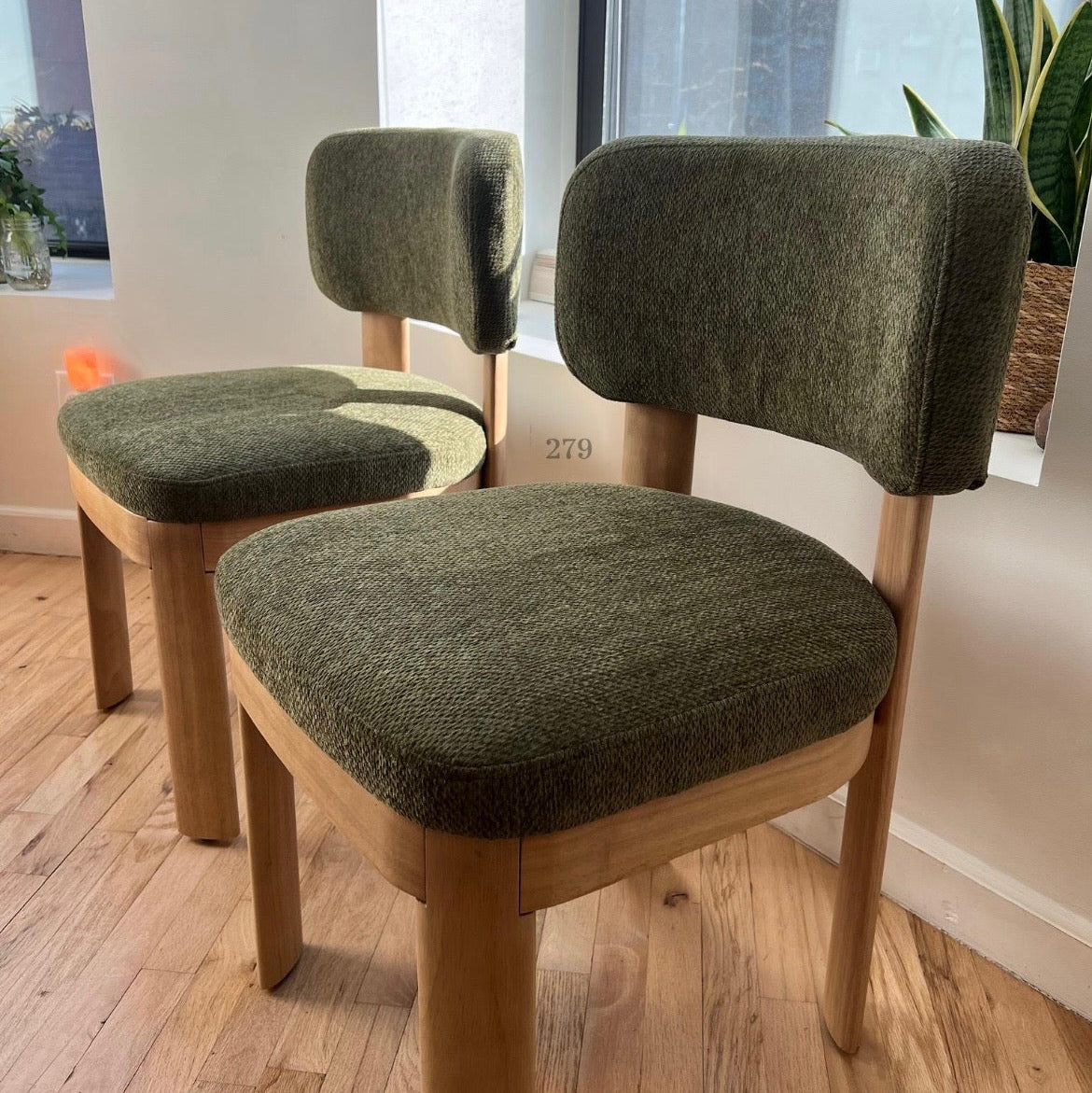 Solid Wood Green Upholstered Dining Chairs - Mid Century Modern Set of 2