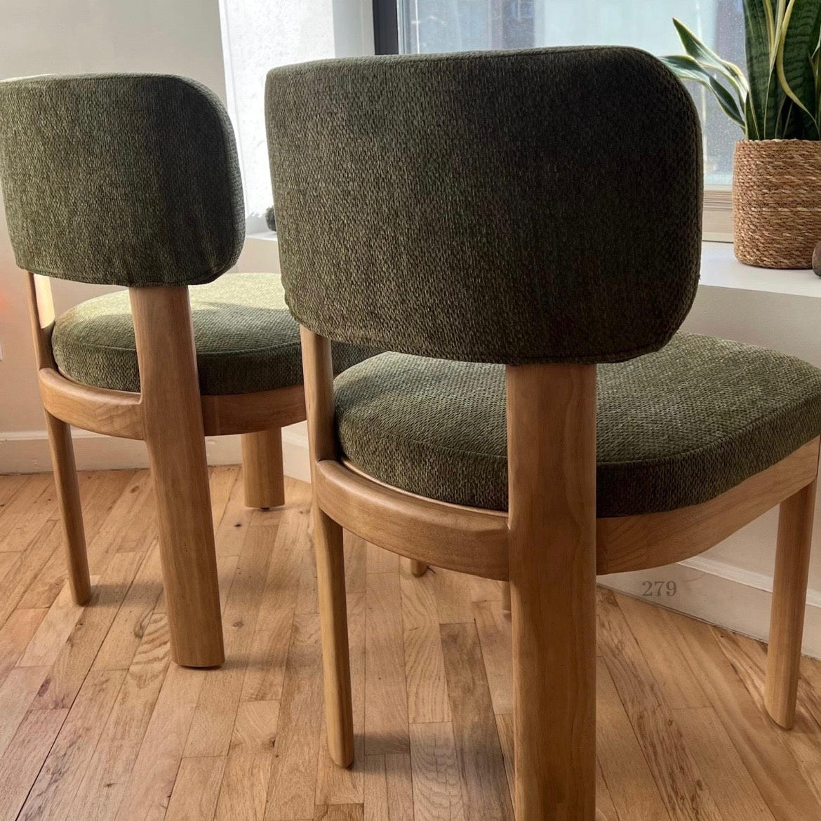 Solid Wood Green Upholstered Dining Chairs - Mid Century Modern Set of 2