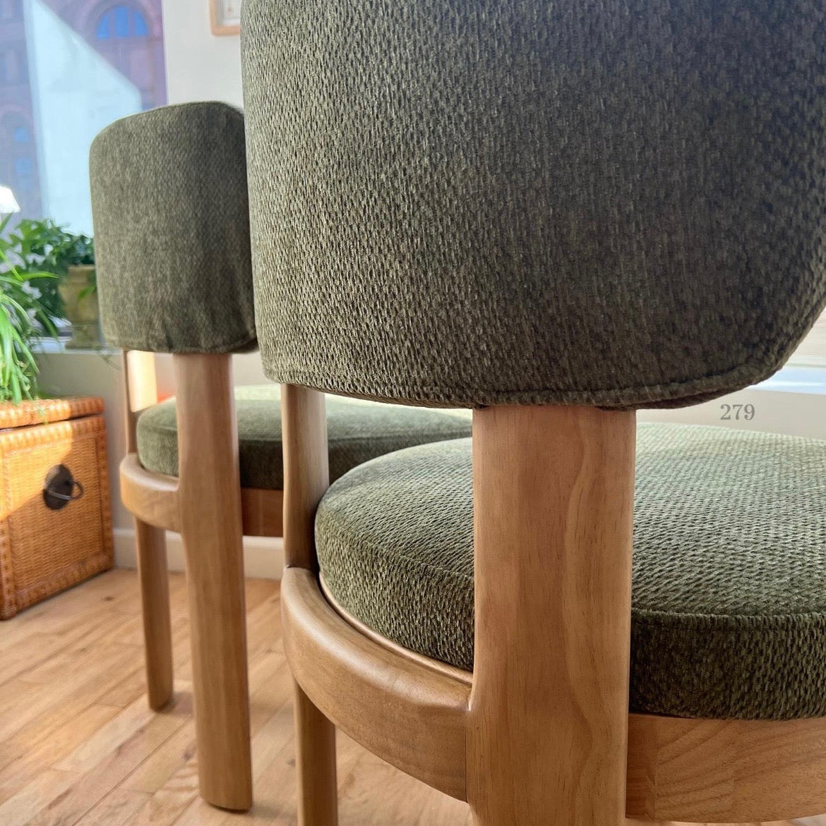 Solid Wood Green Upholstered Dining Chairs - Mid Century Modern Set of 2