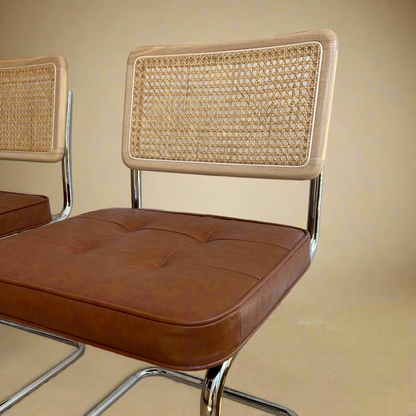 Midcentury Modern Dining Chair Set of 2 – Rattan & Vegan Leather