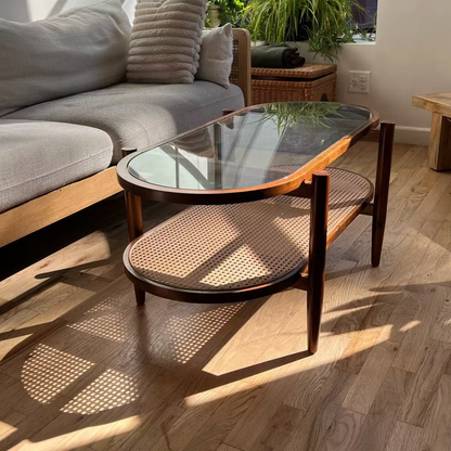 Mid-Century Rattan & Glass Coffee Table Oval Two-Tier Design
