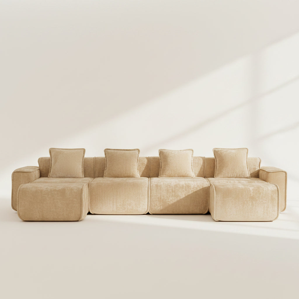 studio shot of the seneca boneless sofa in camel showing rich velvet texture and memory foam