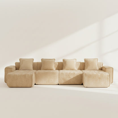studio shot of the seneca boneless sofa in camel showing rich velvet texture and memory foam