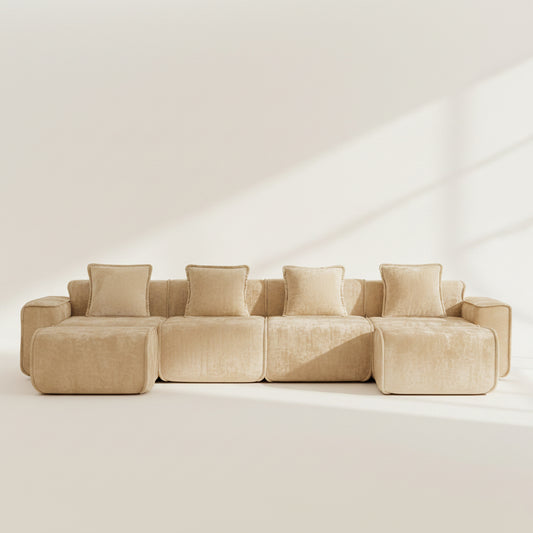 studio shot of the seneca boneless sofa in camel showing rich velvet texture and memory foam