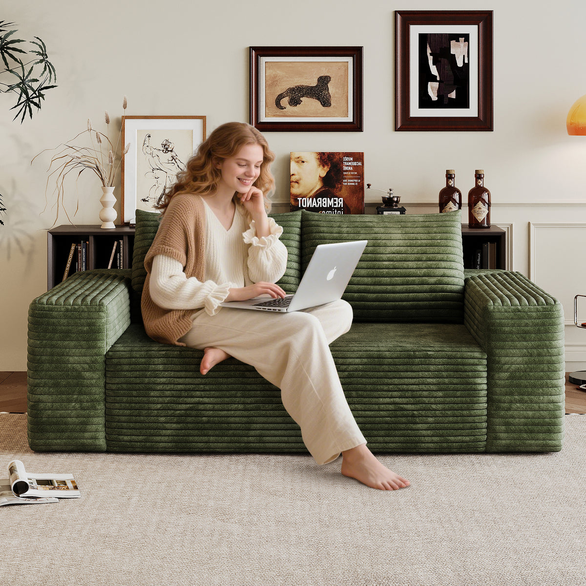 Green Corduroy 2-Seat Couch, No Assembly, 63 in Wide