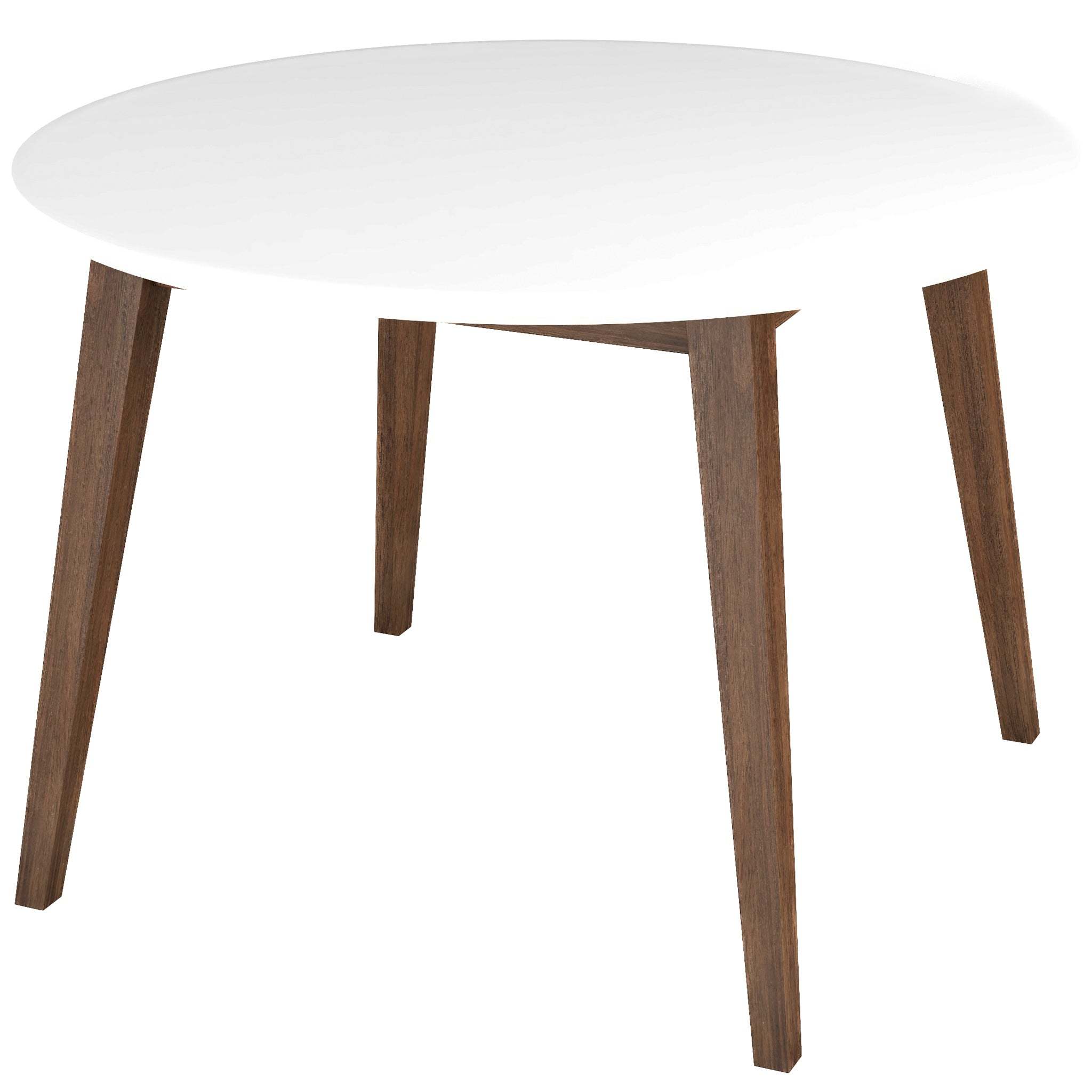 Raised three-quarter view of the white round tabletop on white studio background