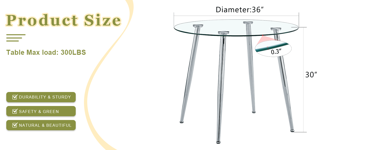 Dimension diagram of the round glass dining table showing 36 inch diameter, 30 inch height, 0.3 inch top