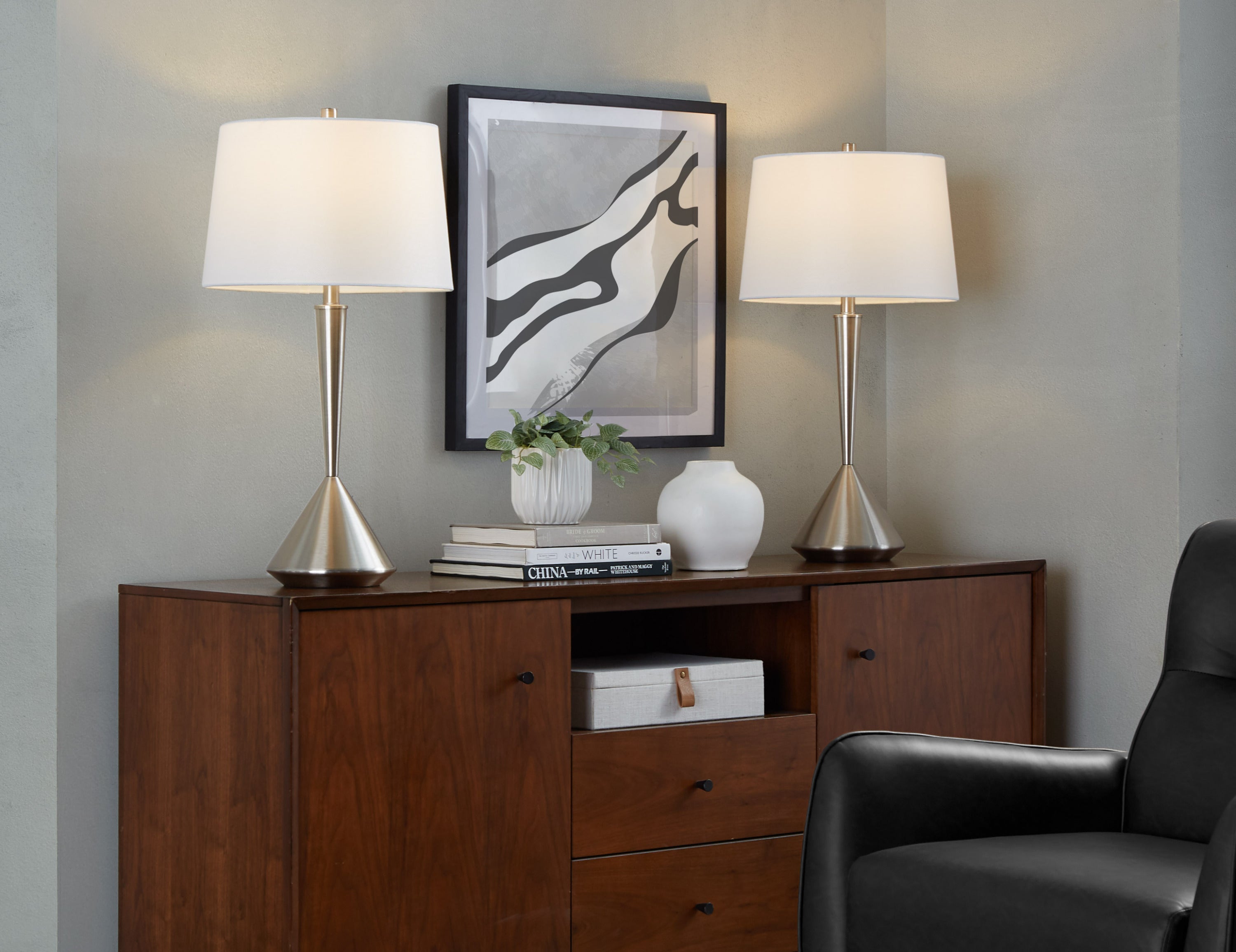 Table Lamp, Brushed Nickel Metal Base, White Linen Shade