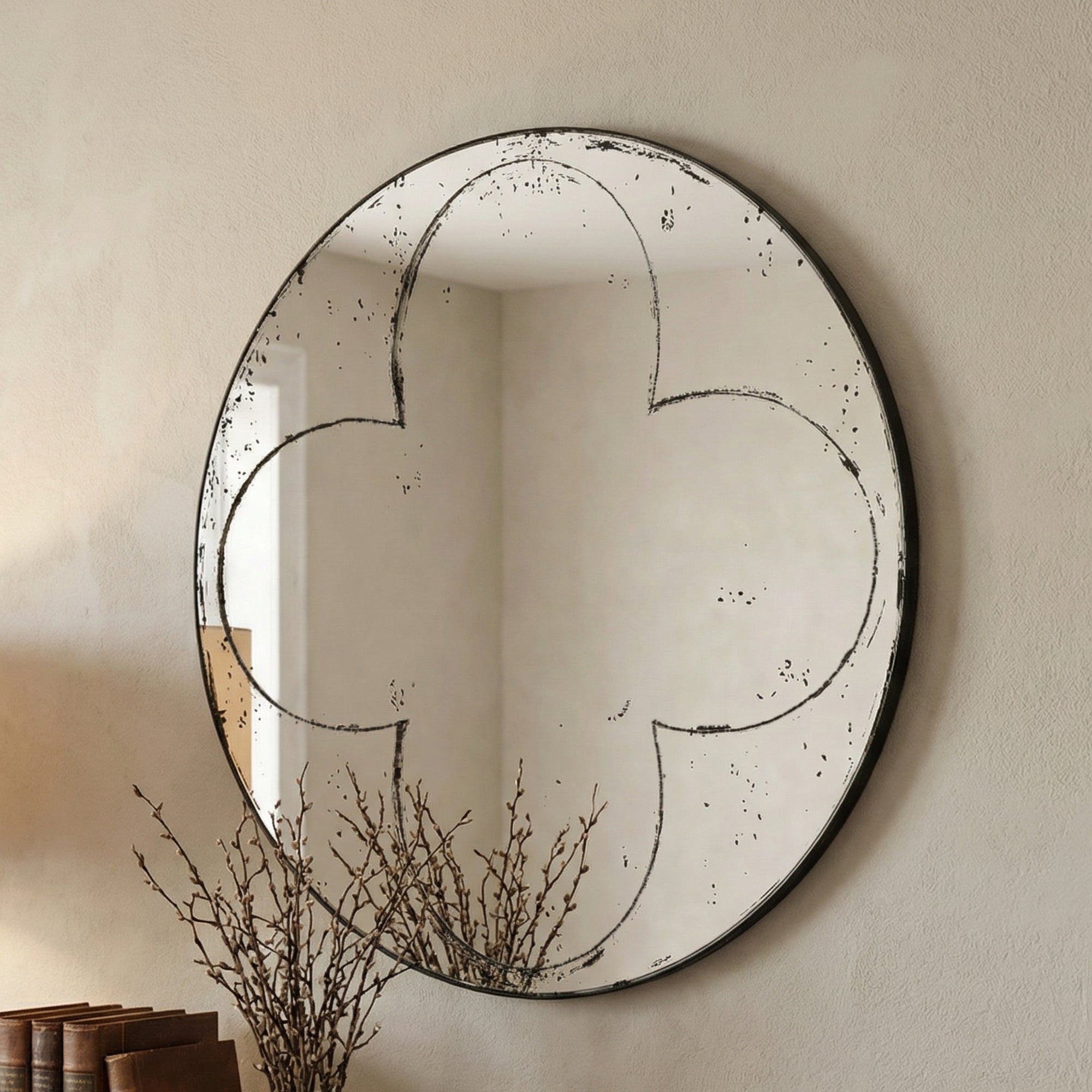 36.02 Inch Round Mirror, Iron Frame, Freestanding or Wall