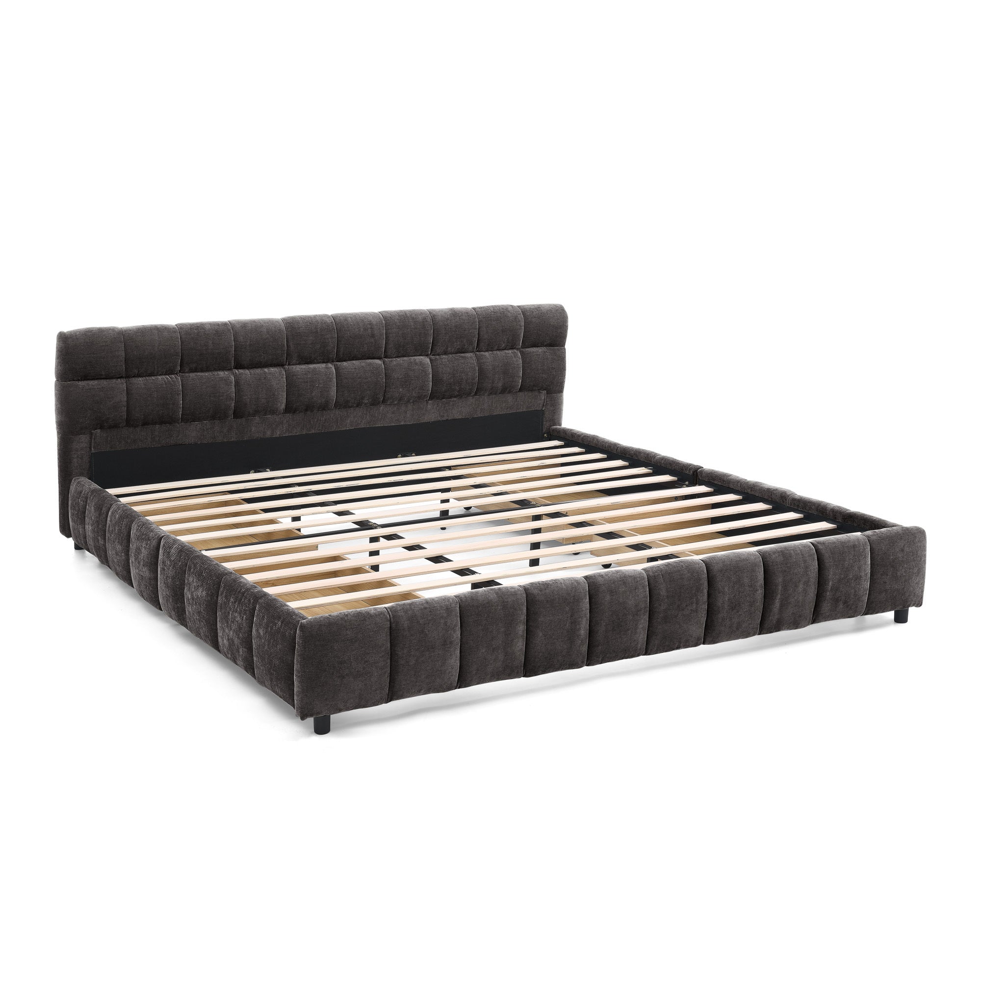Caster wheel and drawer corner detail, dark gray king bed frame