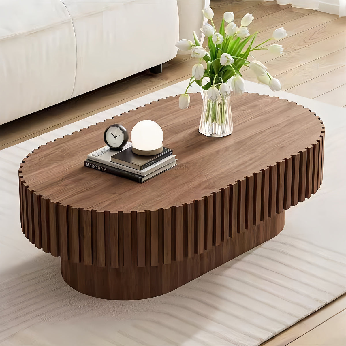 Walnut Oval Fluted Coffee Table with Storage, 43.1 in