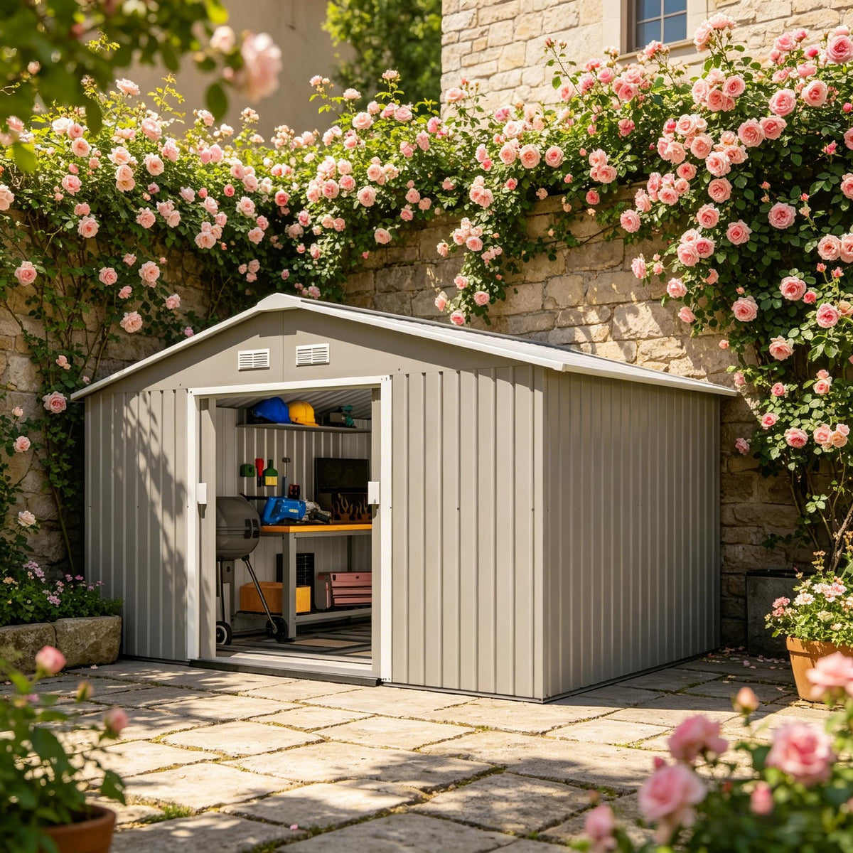 Light Gray Metal Storage Shed, 11.2x12.7 ft