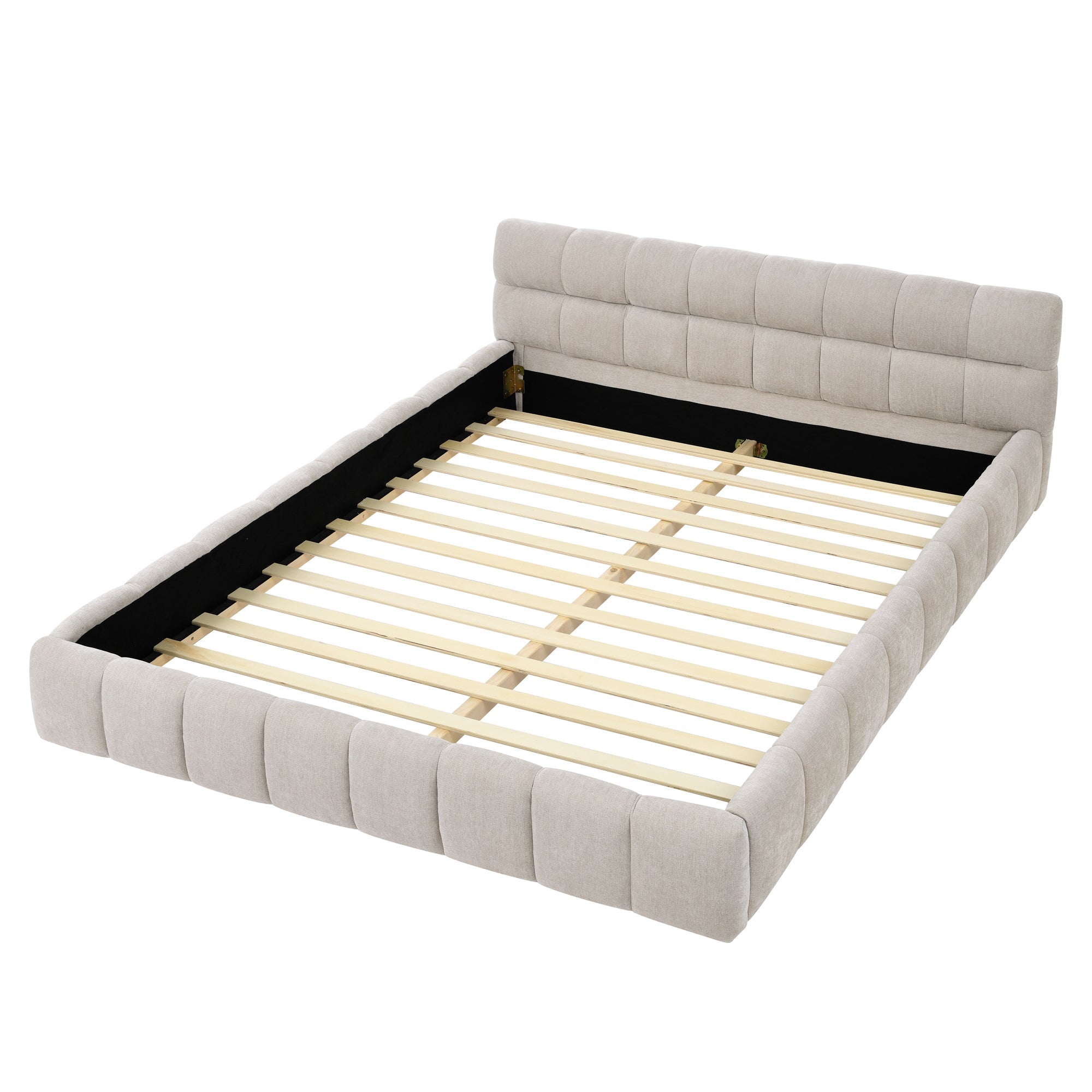 Beige chenille channel-tufted platform bed frame, angled view on white, wood slats exposed, no mattress #Color_Beige