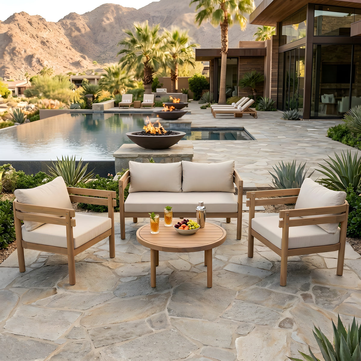 Light Brown Solid Wood 4-Piece Outdoor Sofa Set for 4 with Cushions