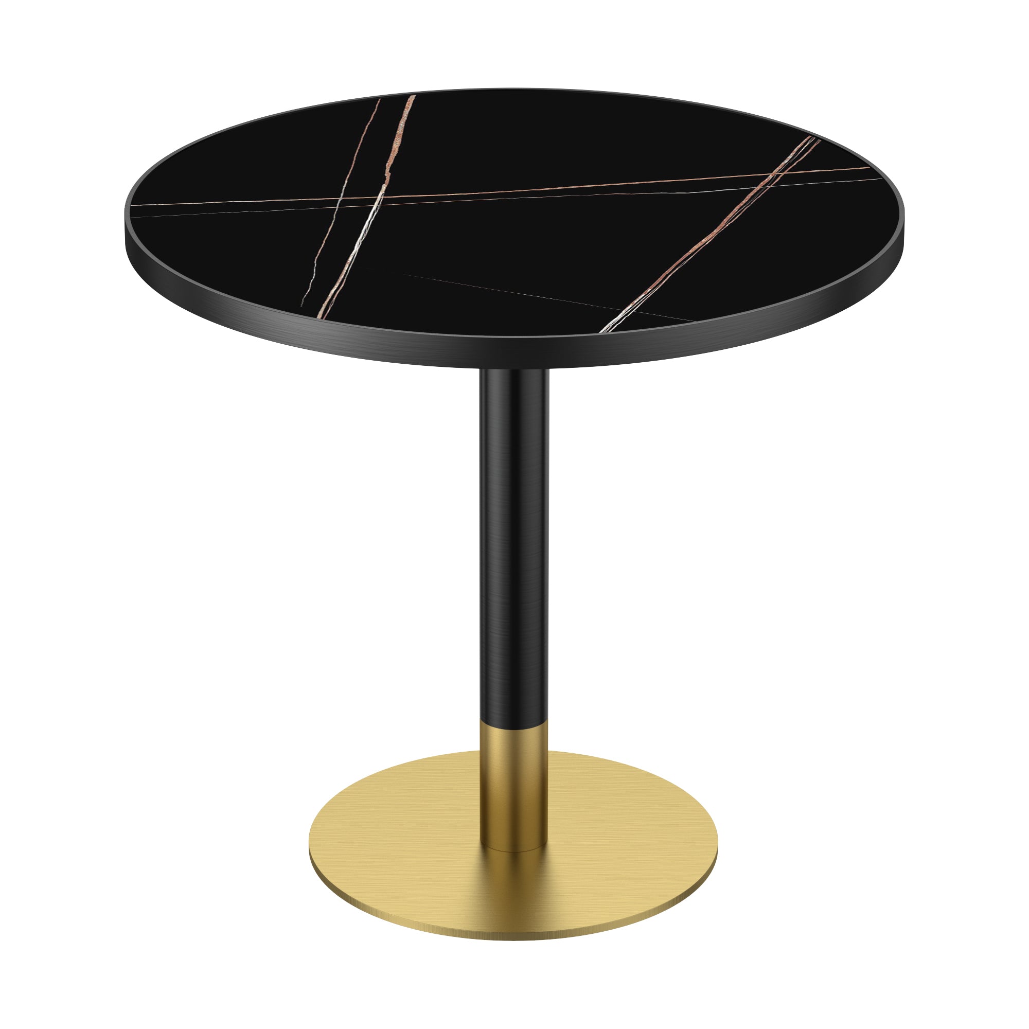 Three-quarter studio view of gold and black sintered stone round dining table with black column and gold base