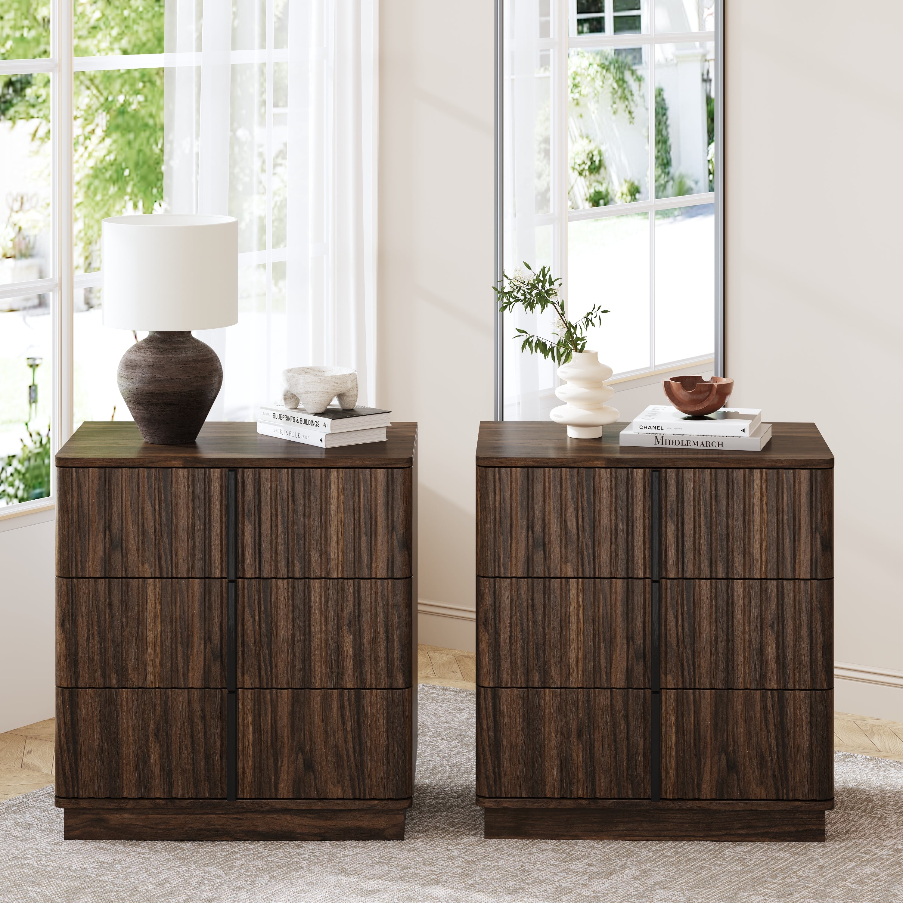 3 Drawer Nightstand Set of 2, Vertical Stripe Fronts, Walnut