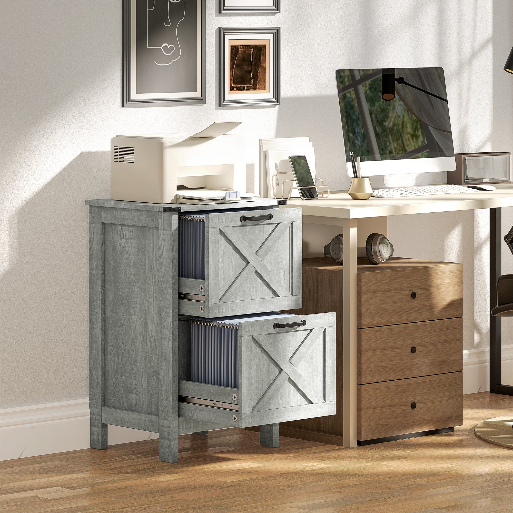 Farmhouse File Cabinet with Drawers, 18.1 in, Grey, 15.7 in Deep