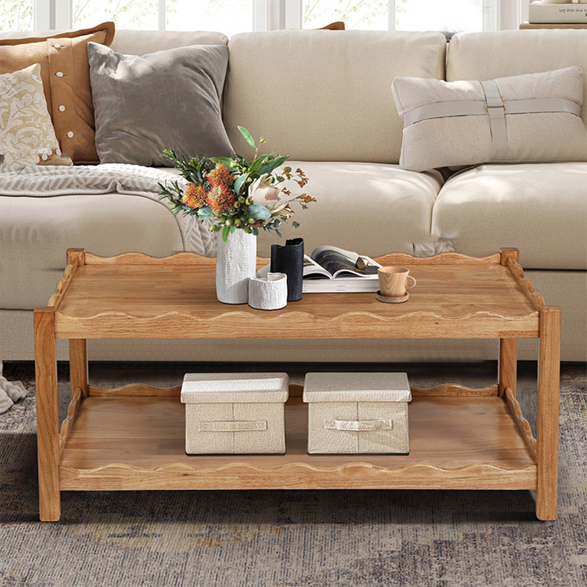 Natural Rectangular Coffee Table with Storage, 43.3 in