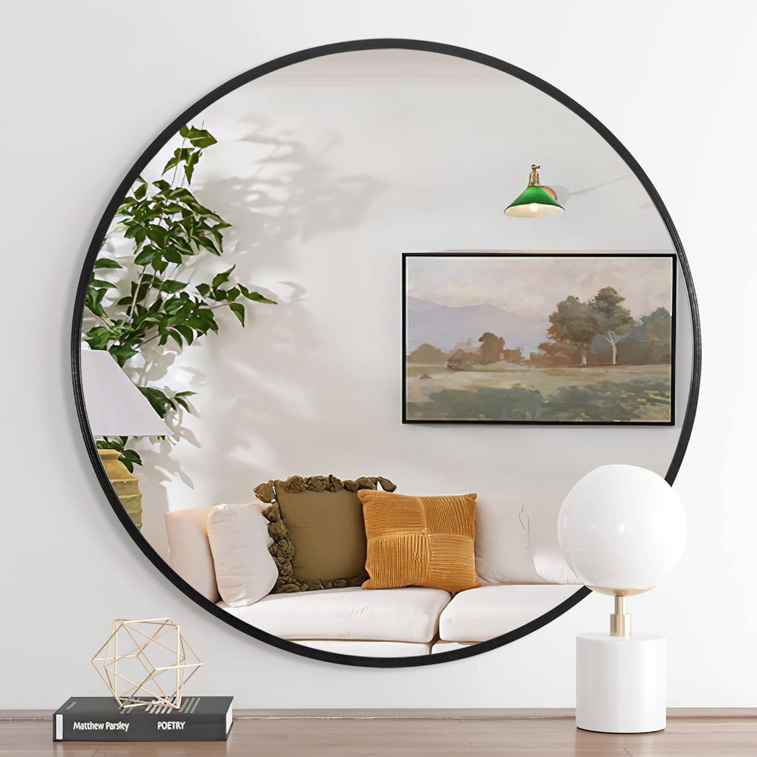 Round Black Metal Mirror, 32 in, Aluminum Frame