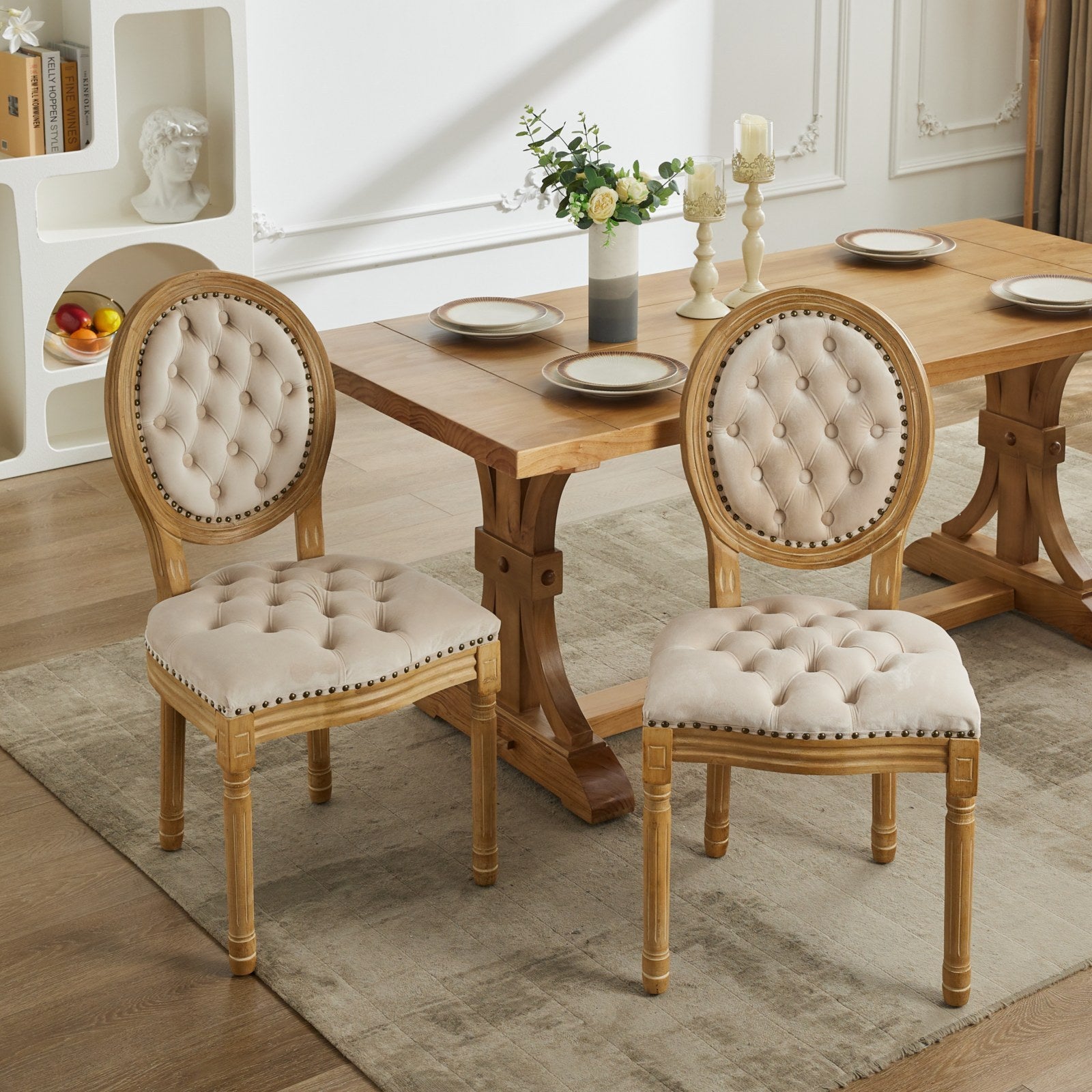 French Tufted Dining Chairs Set of 2, Beige Velvet, Wood Frame
