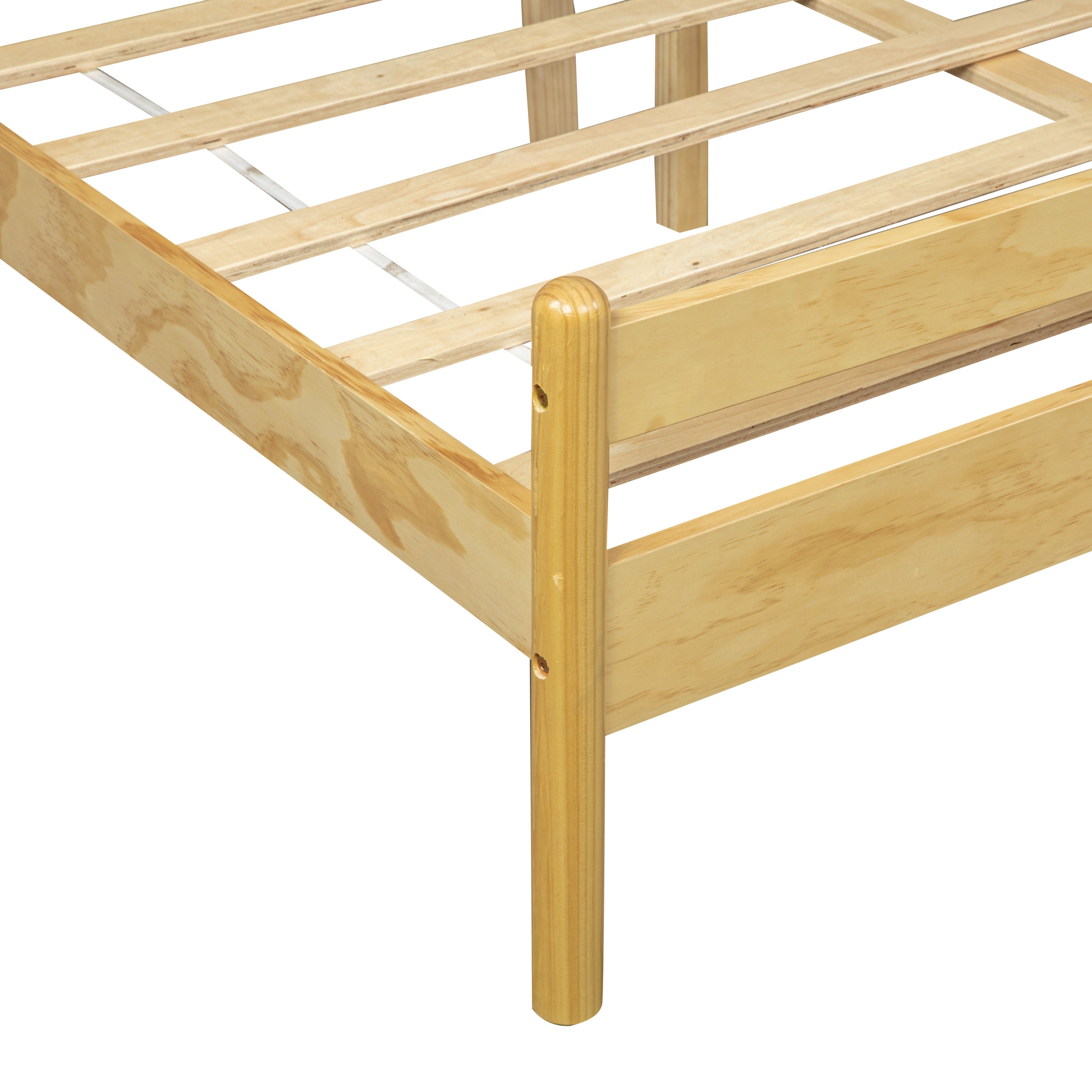 Angled detail of the natural pine footboard post, slats and support leg #Color_Natural