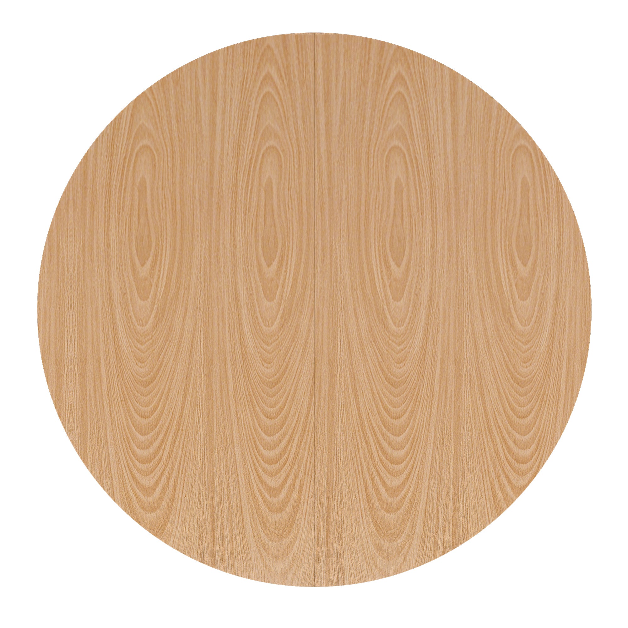 Overhead flat view of the round oak tabletop showing the wood grain on a white background