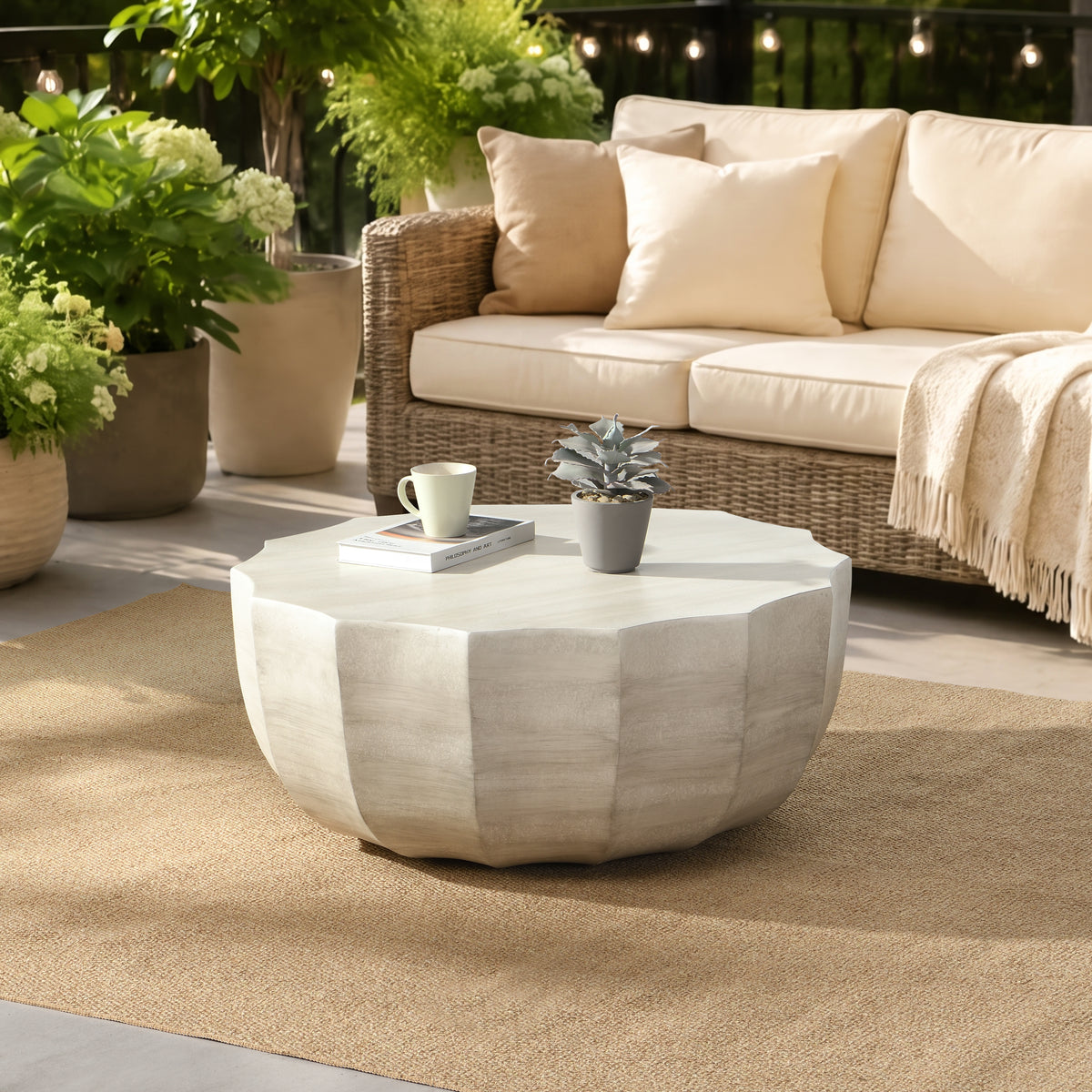 Off-White Concrete Outdoor Coffee Table, 35.4 in Wide