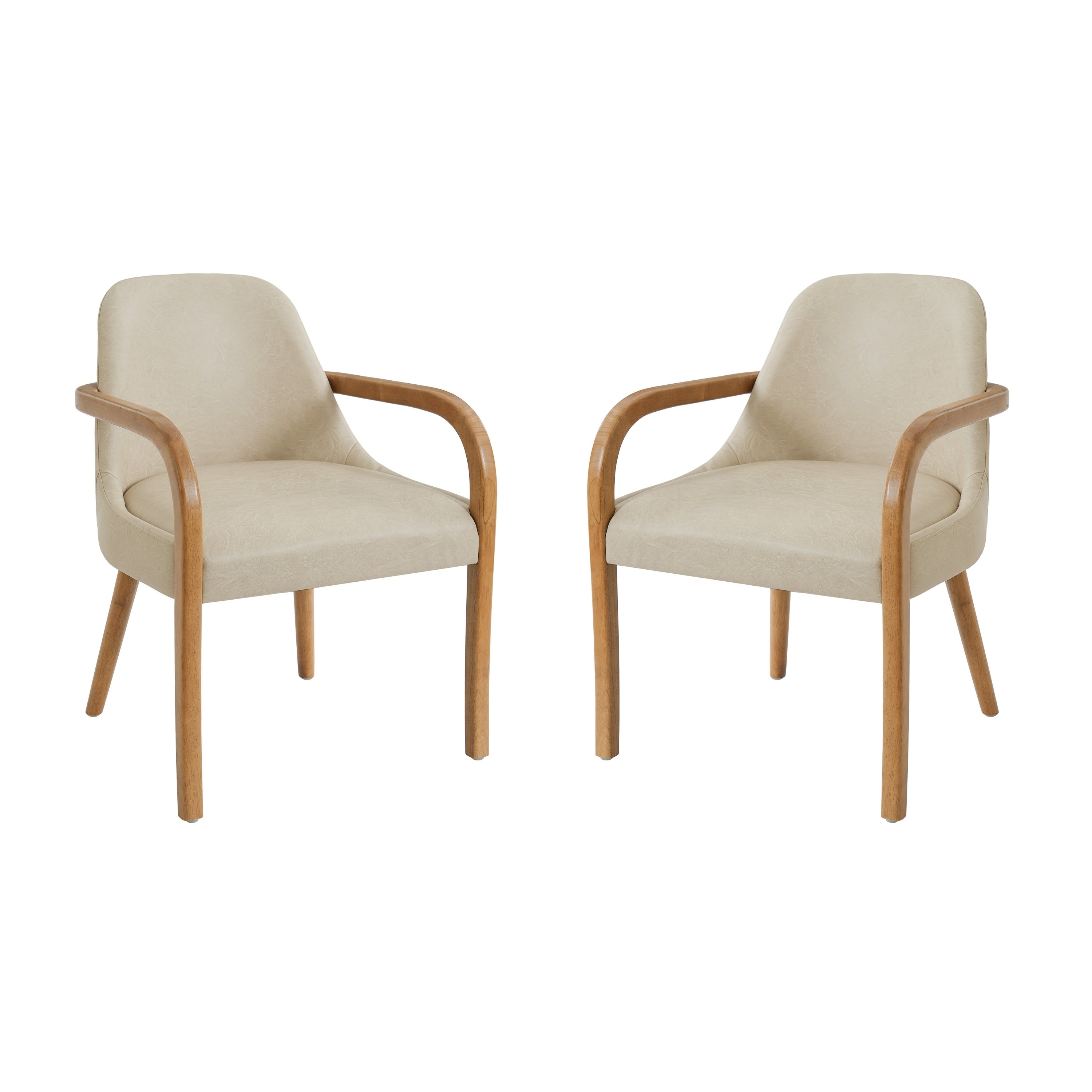 Vegan Leather Dining Armchairs Set of 2, Cream, Wood Arms
