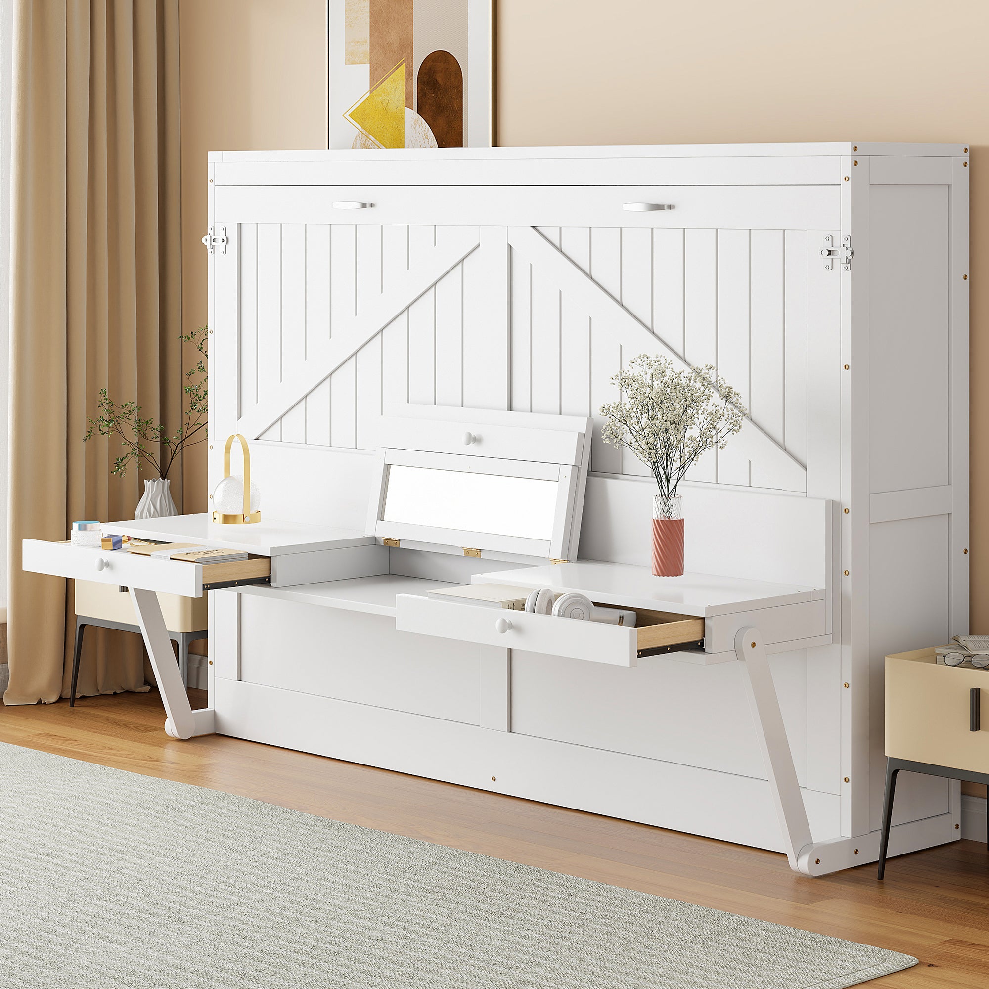 Queen Murphy Bed with Vanity Desk, Mirror & Side Drawers, White