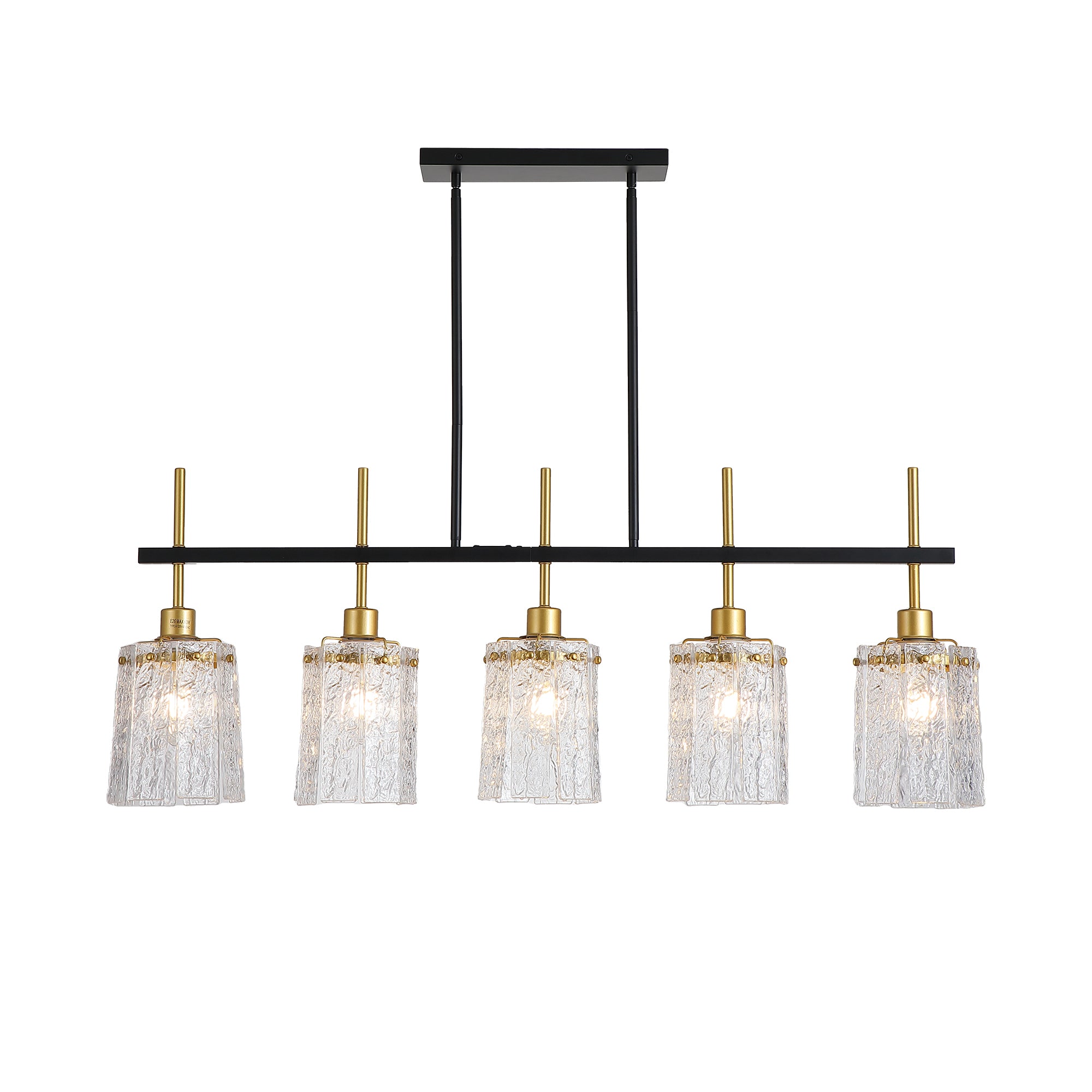 Linear Chandelier with Glass Shades, 5-Light, Black and Gold
