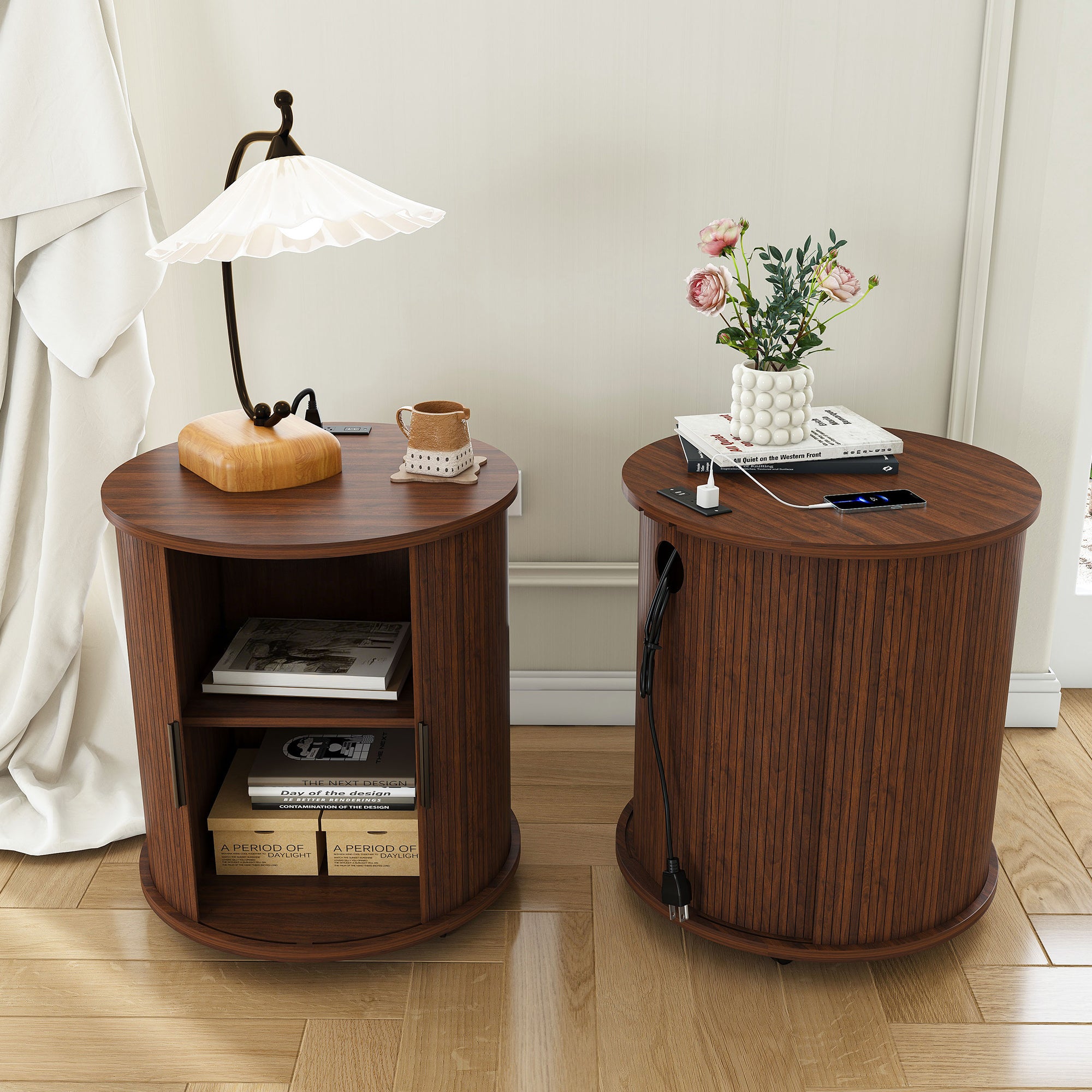 Round Cylinder Nightstand Set of 2 with Charging Station, Walnut
