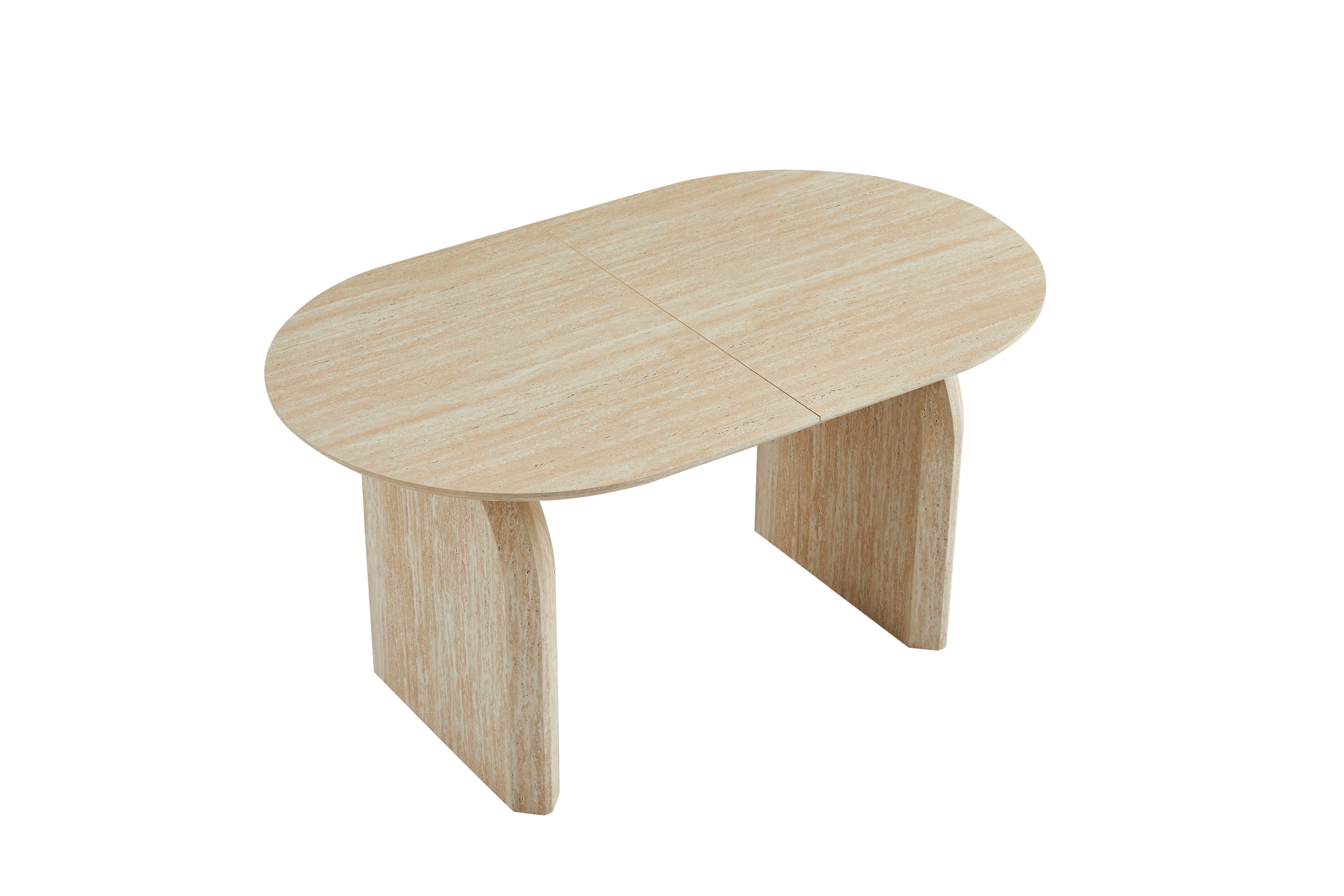 Three-quarter studio view of off-white oval extendable dining table at closed length