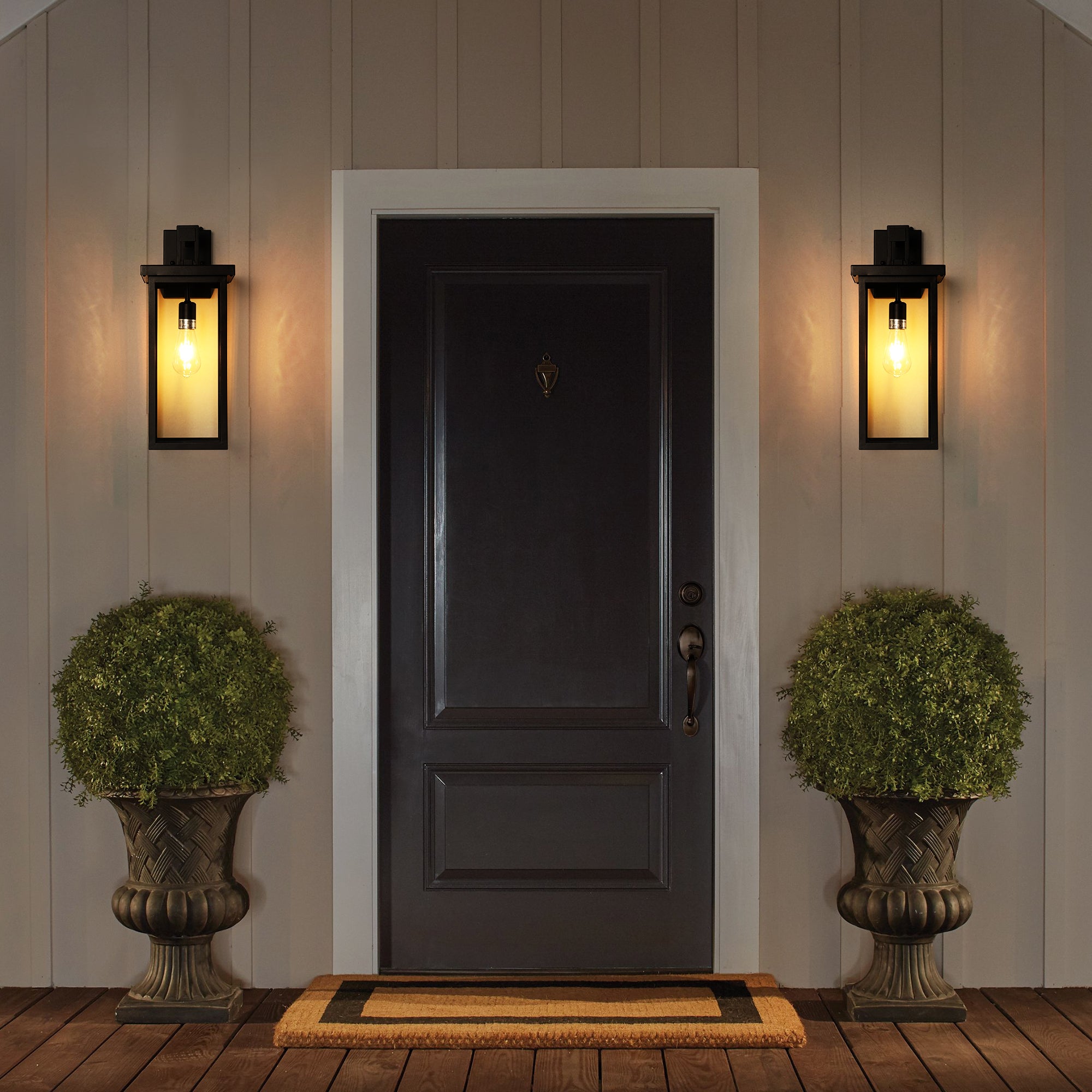 Outdoor Wall Lantern Set, Dusk-to-Dawn Sensor, Black Aluminum