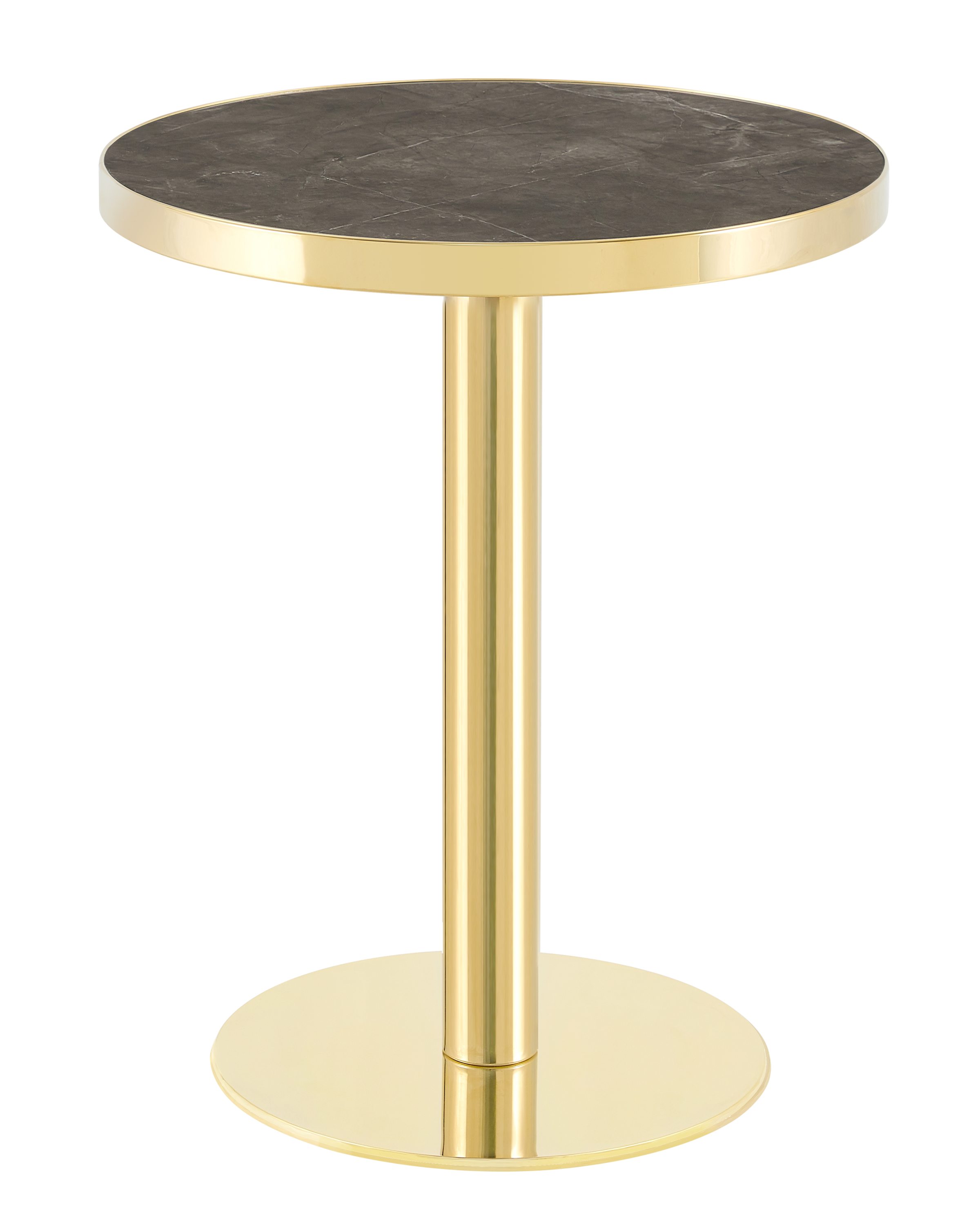 Gray faux marble bistro table with gold pedestal column and round base on a white background